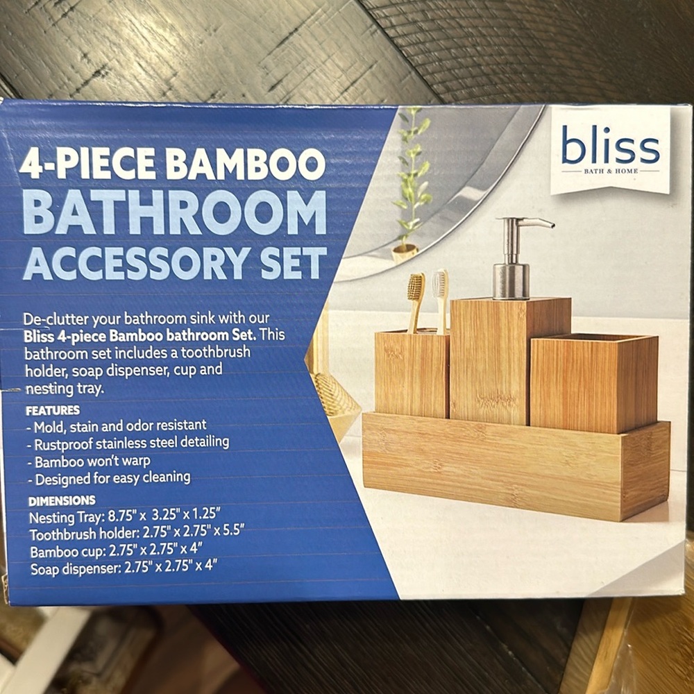 4 piece Bamboo Bathroom accessory set